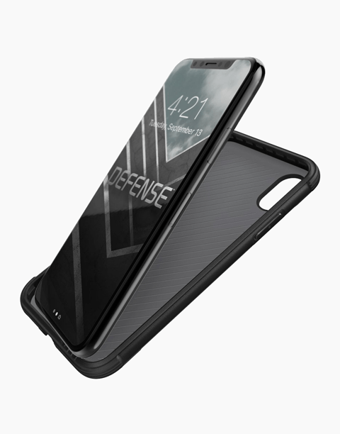 Black Defense Lux Leather iPhone Xs case by X-Doria with anti-shock protection up to 3 meters, designed for durability and style.