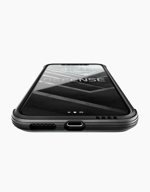 Black Defense Lux Leather by X-Doria for iPhone Xs case with anti-shock protection up to 3M, featuring a sleek leather design.