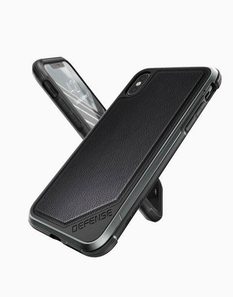 Black Defense Lux Leather by X-Doria for iPhone Xs case with anti-shock protection up to 3 meters, featuring a sleek leather finish.