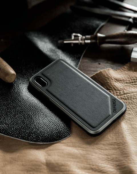 Black Defense Lux Leather case by X-Doria for iPhone Xs featuring anti-shock protection up to 3 meters from Smartkoshk.