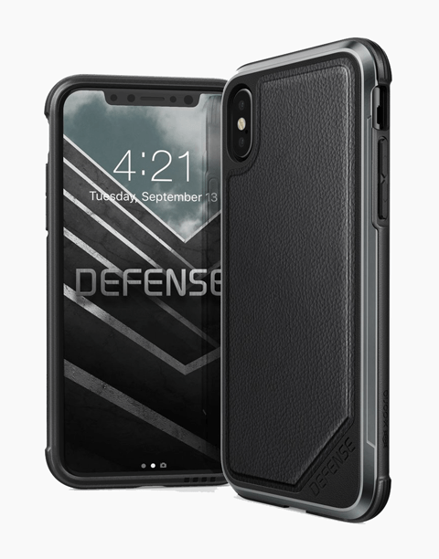 Black Defense Lux Leather X-Doria iPhone Xs case with anti-shock design and 3M protection, featuring sleek leather finish.