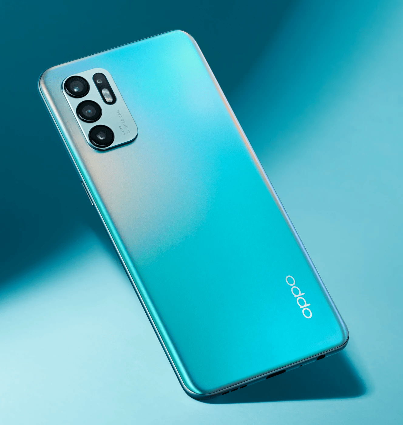 OPPO Reno 6 4G Dual SIM smartphone in Aurora color, showcasing 128GB storage and 8GB RAM design.