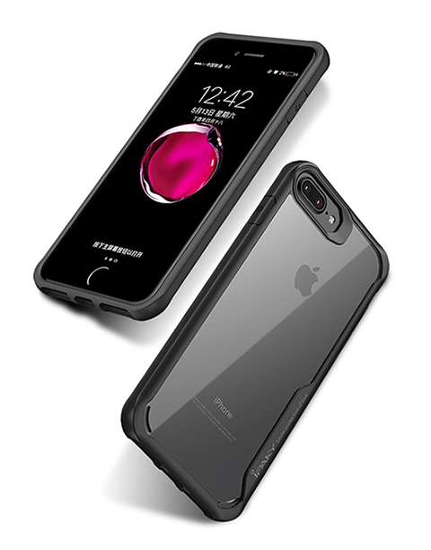 Black iPaky transparent TPU bumper case for iPhone 6P, 7P, and 8P showing flexible protection and precise cutouts.