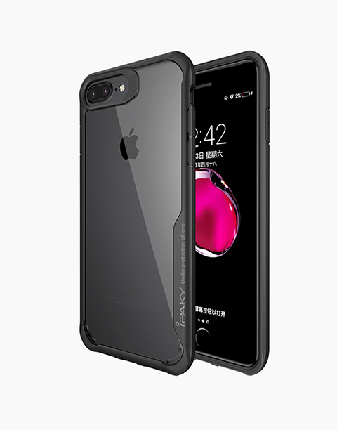 Black iPaky bumper TPU protective case for iPhone 6P, 7P, and 8P, showcasing its transparent design and flexible material.