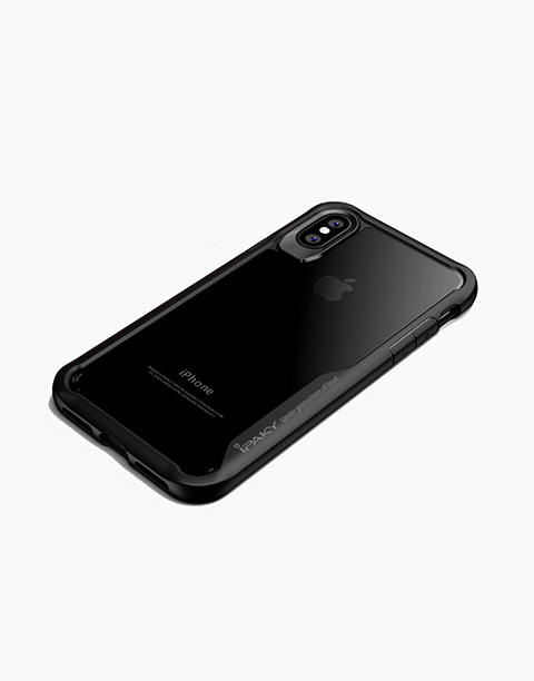 Gray iPaky bumper TPU protective case for iPhone X, showcasing its transparent design and snug fit.