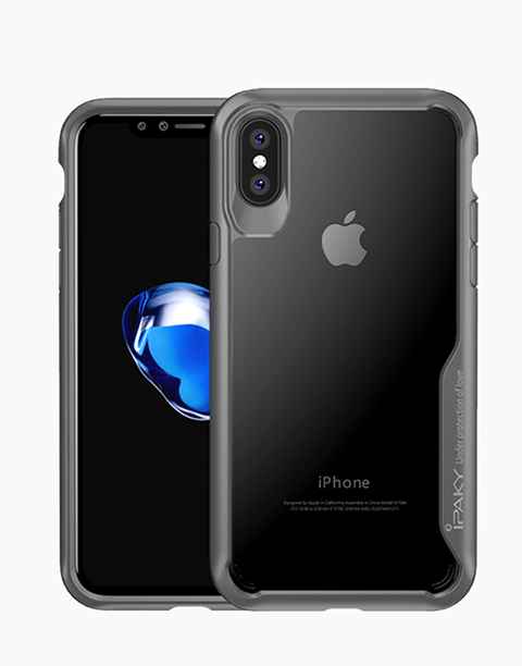 Gray bumper TPU protective case by iPaky for iPhone X, showcasing its transparent design and precise cutouts.