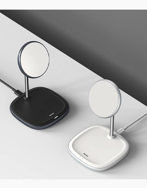 Baseus Swan magnetic desktop bracket wireless charger with sleek design and charging pad for smartphones.