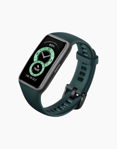 Huawei Band 6 fitness tracker with 1.47-inch AMOLED screen and SpO2 oxygen measurement in black.