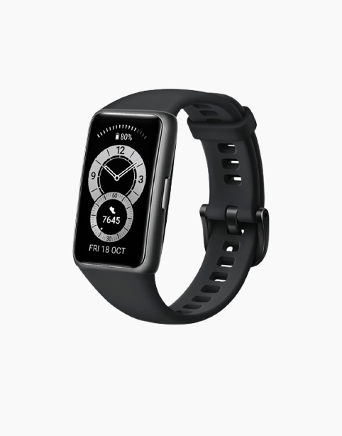 Huawei Band 6 fitness tracker with 1.47-inch AMOLED screen, black color, featuring SpO2 oxygen measurement and sleek design.